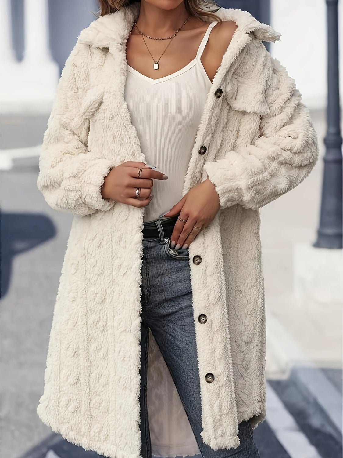 Fuzzy Button Up Long Sleeve Coat