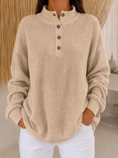 Full Size Waffle Knit Button Detail Sweatshirt Plus Size