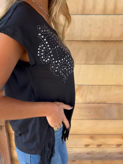 Studded Fringe Round Neck Shirt