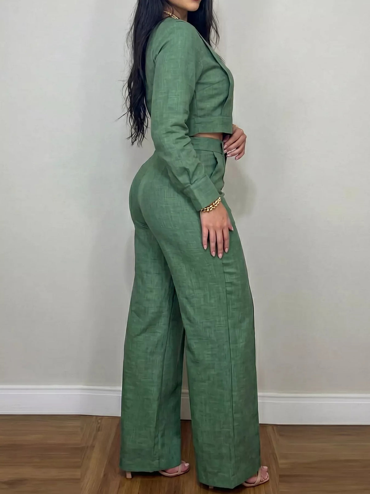Green crop top and wide-leg pants set, view 5