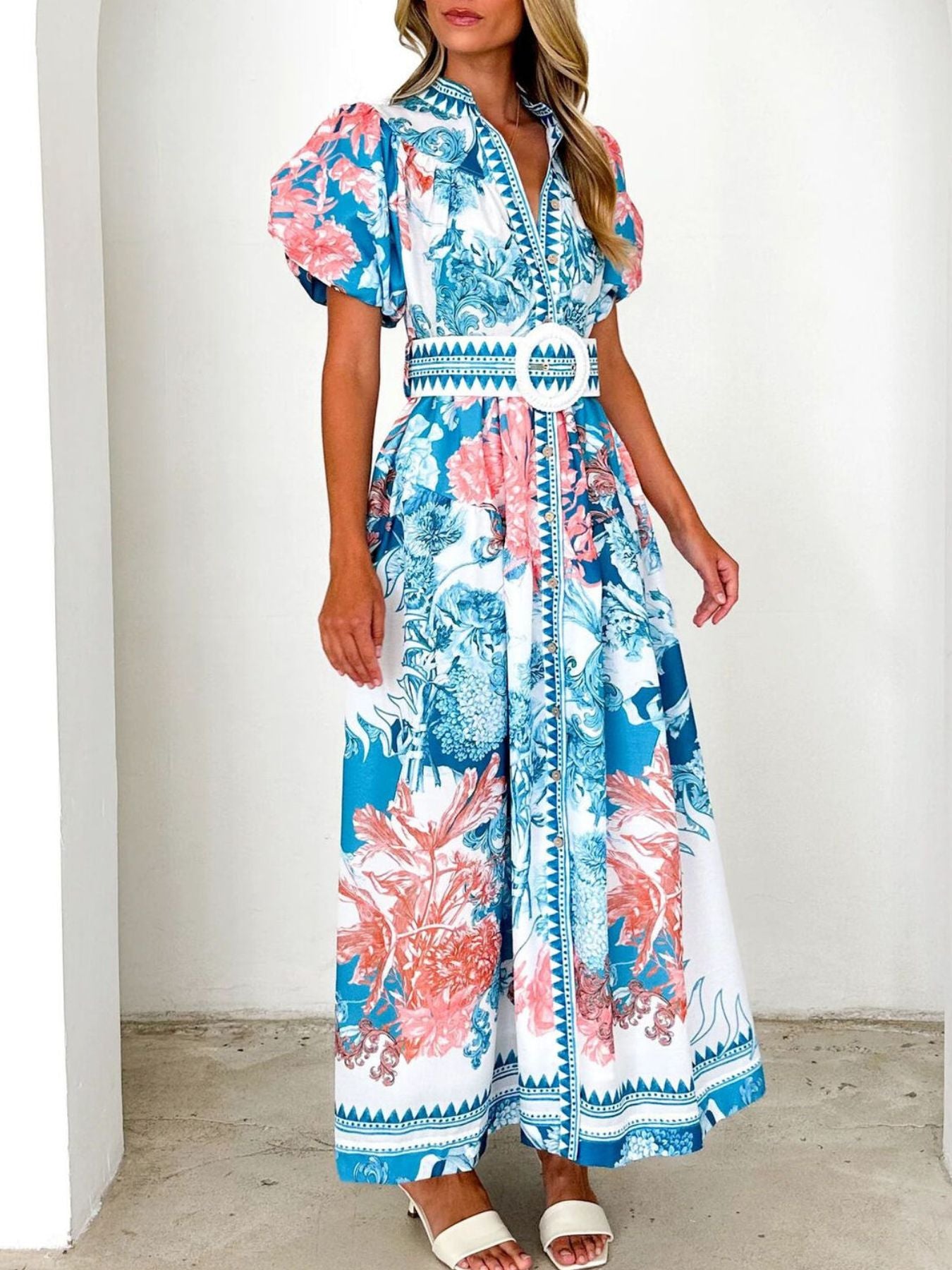 Printed Puff Sleeve Midi Dress