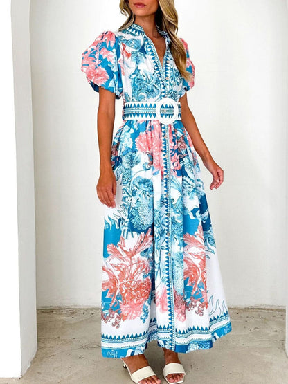 Printed Puff Sleeve Midi Dress