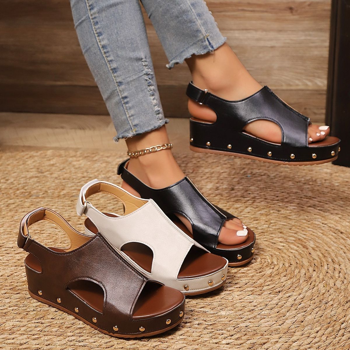 Easy-on rivet trim wedge sandals for everyday wear