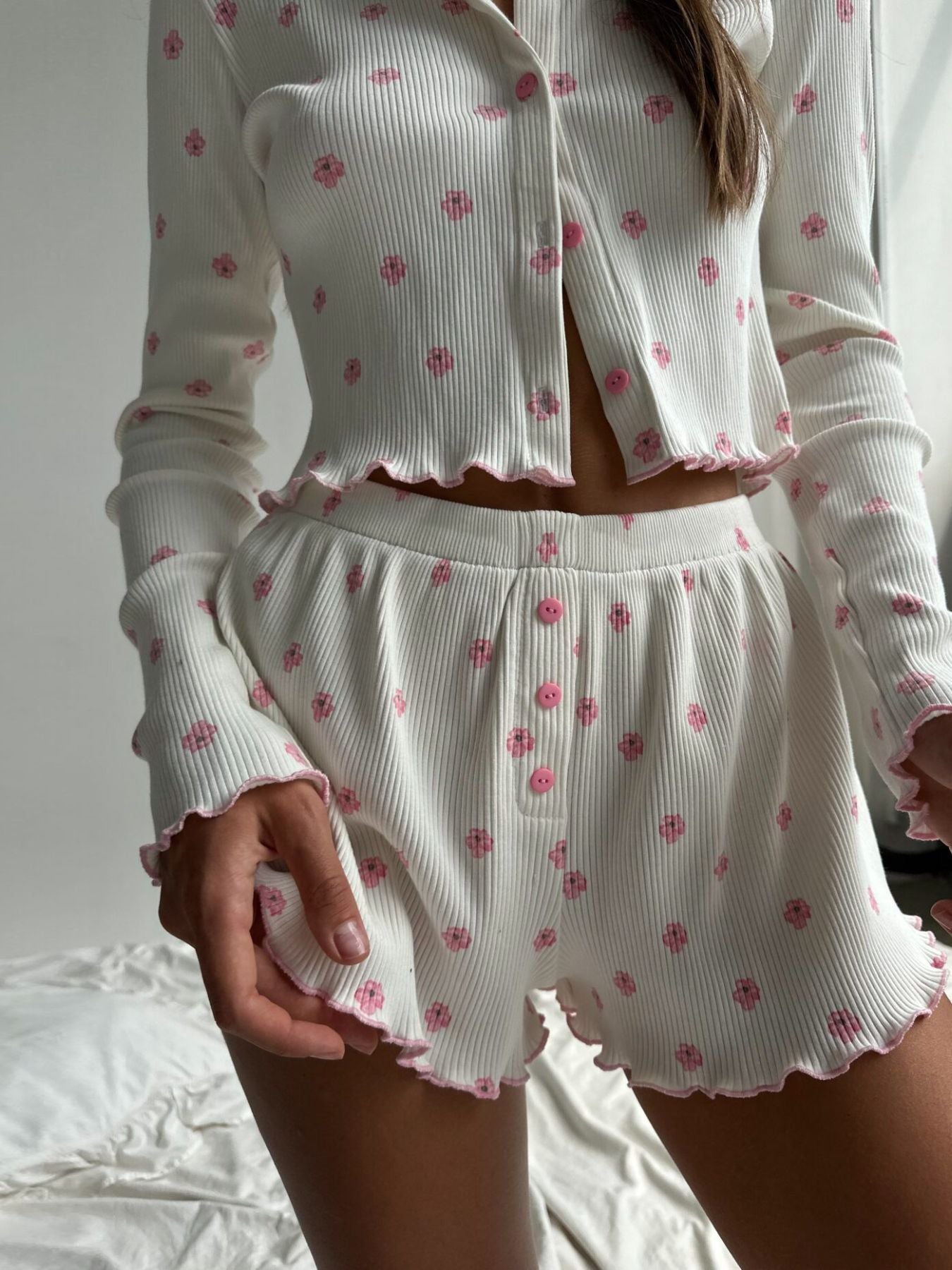 Floral Print Ribbed Knit Top and Shorts Lounge Set