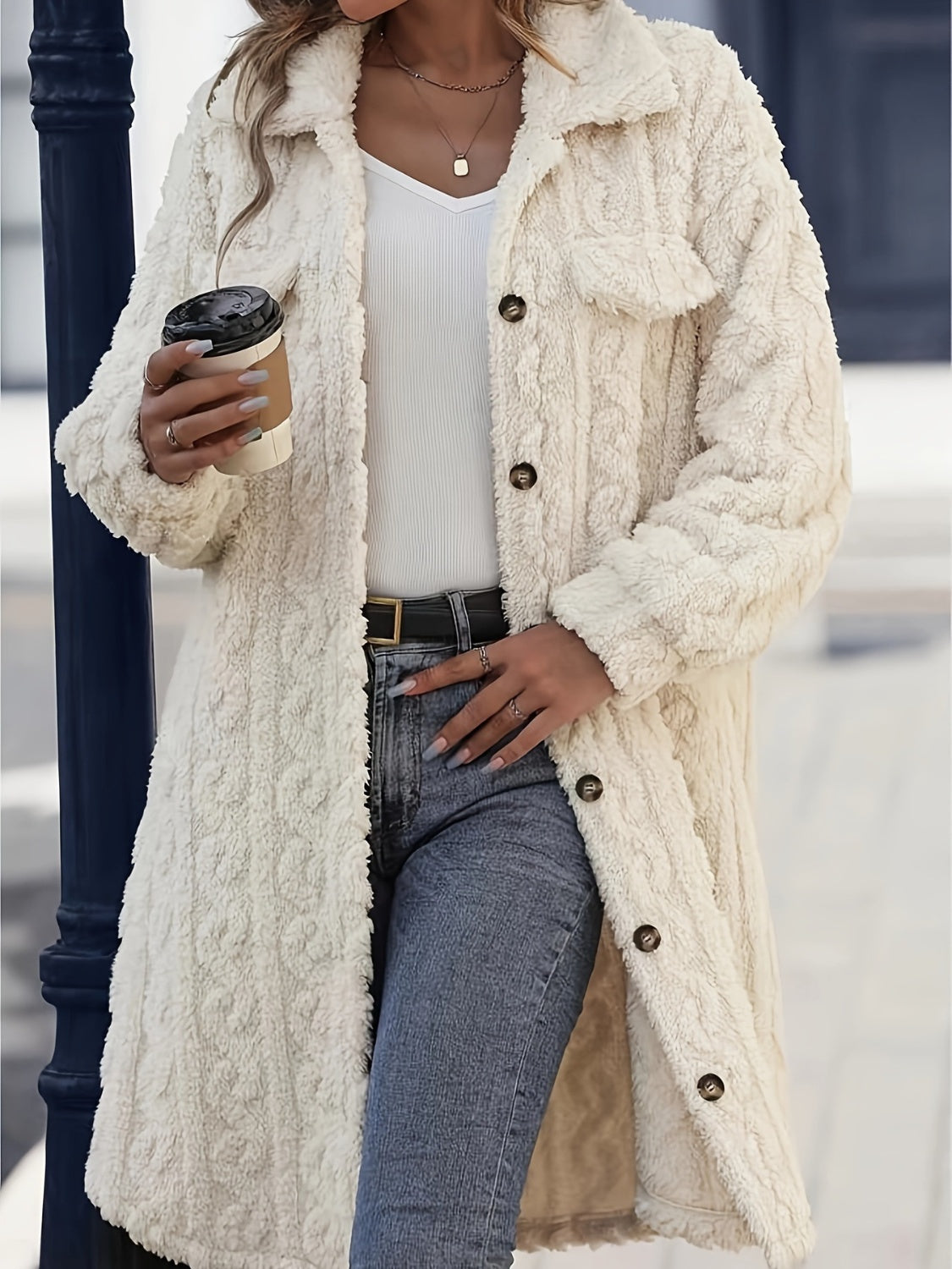 Fuzzy Button Up Long Sleeve Coat