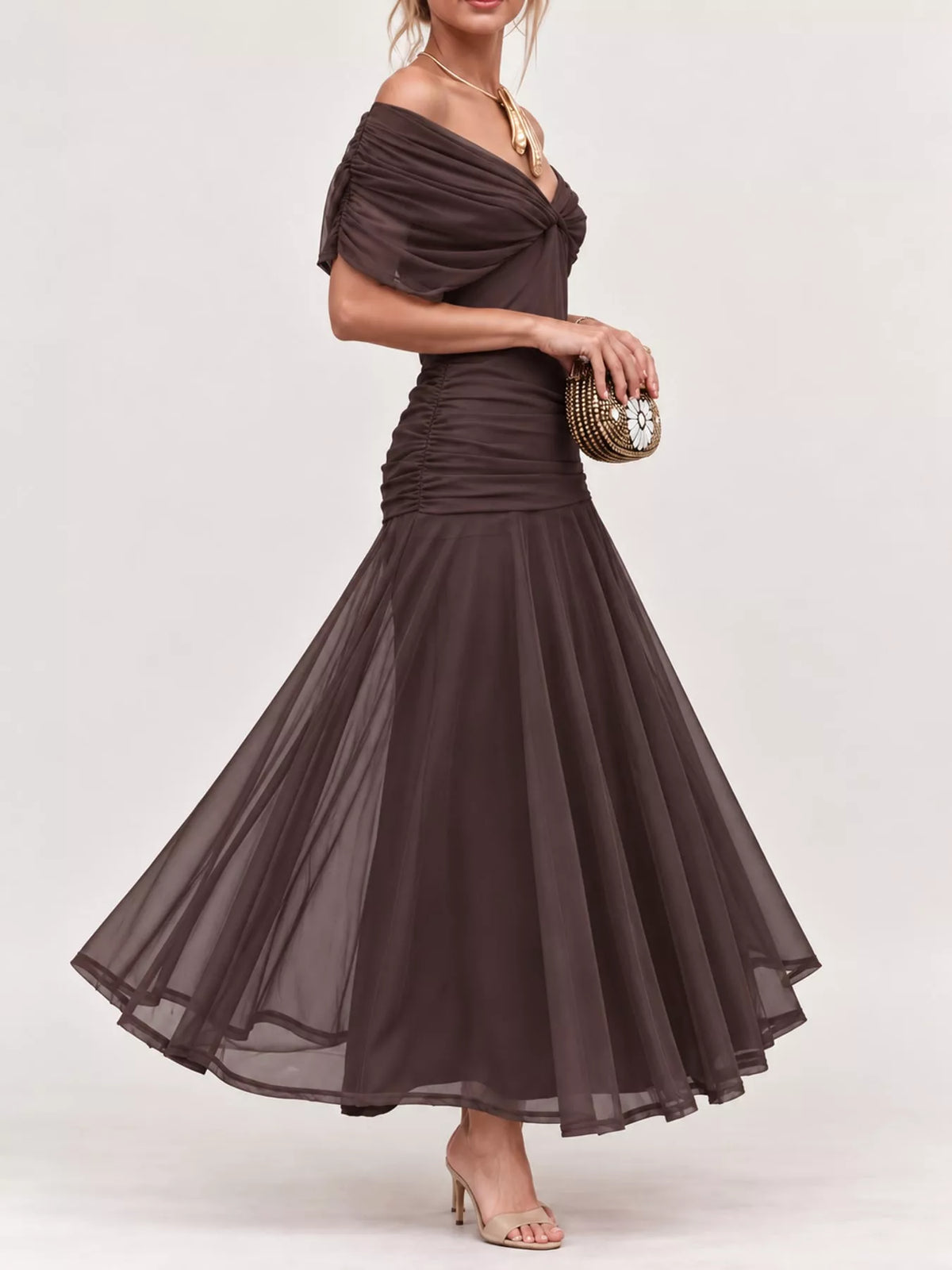 Off-shoulder ruched tulle dress, view 16