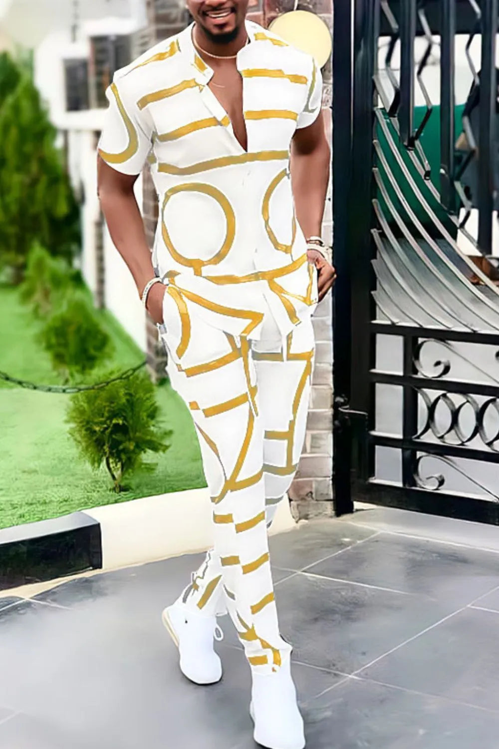 Men's Geo Print Short Sleeve Top and Pants Set