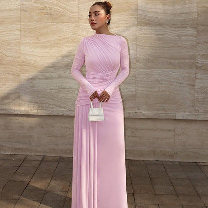 Wrinkled zipper round neck long sleeved dress