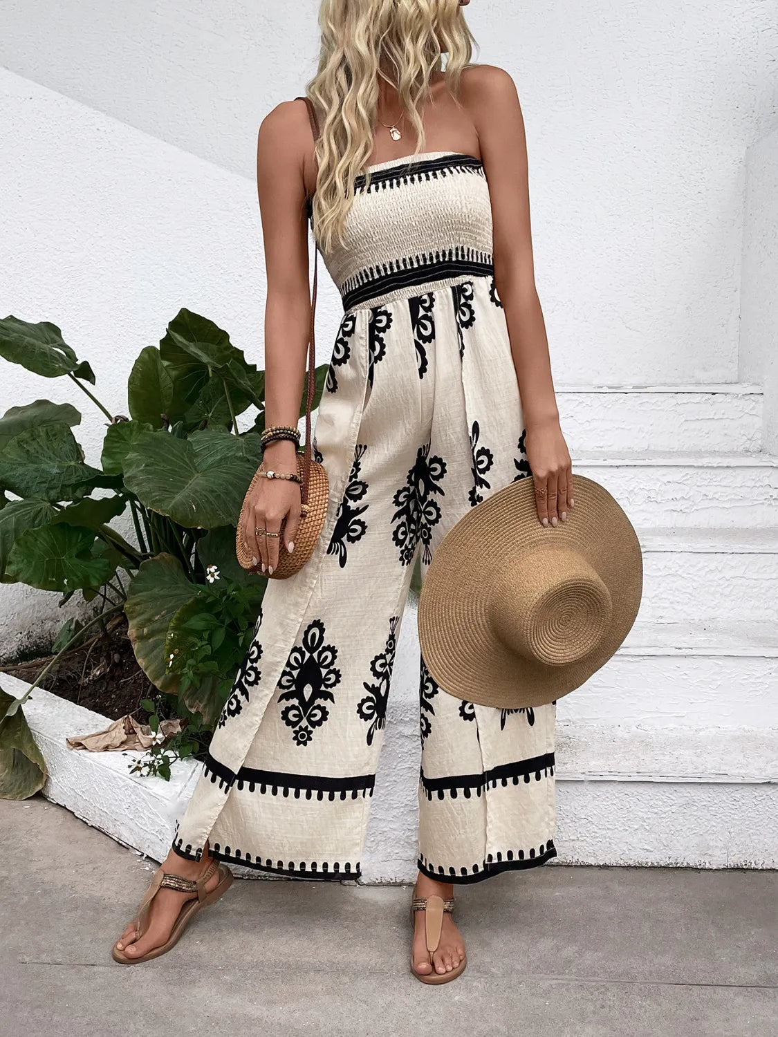Off Shoulder Printed Wide Leg Jumpsuit