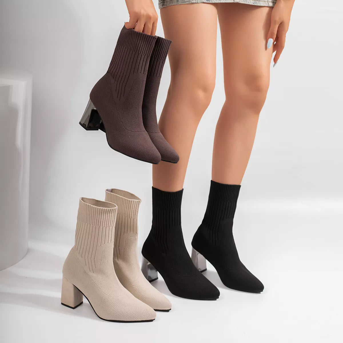 Stretchy knit sock boots with block heels