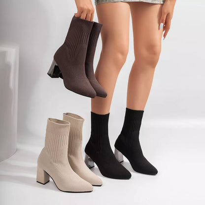 Stretchy knit sock boots with block heels