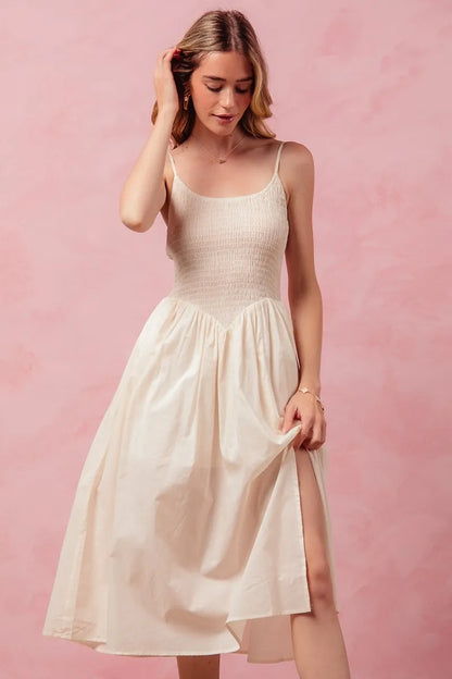 Smocked Sleeveless Dress With Slit