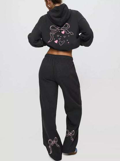 Bow and Heart Dropped Shoulder Hoodie and Pants Set