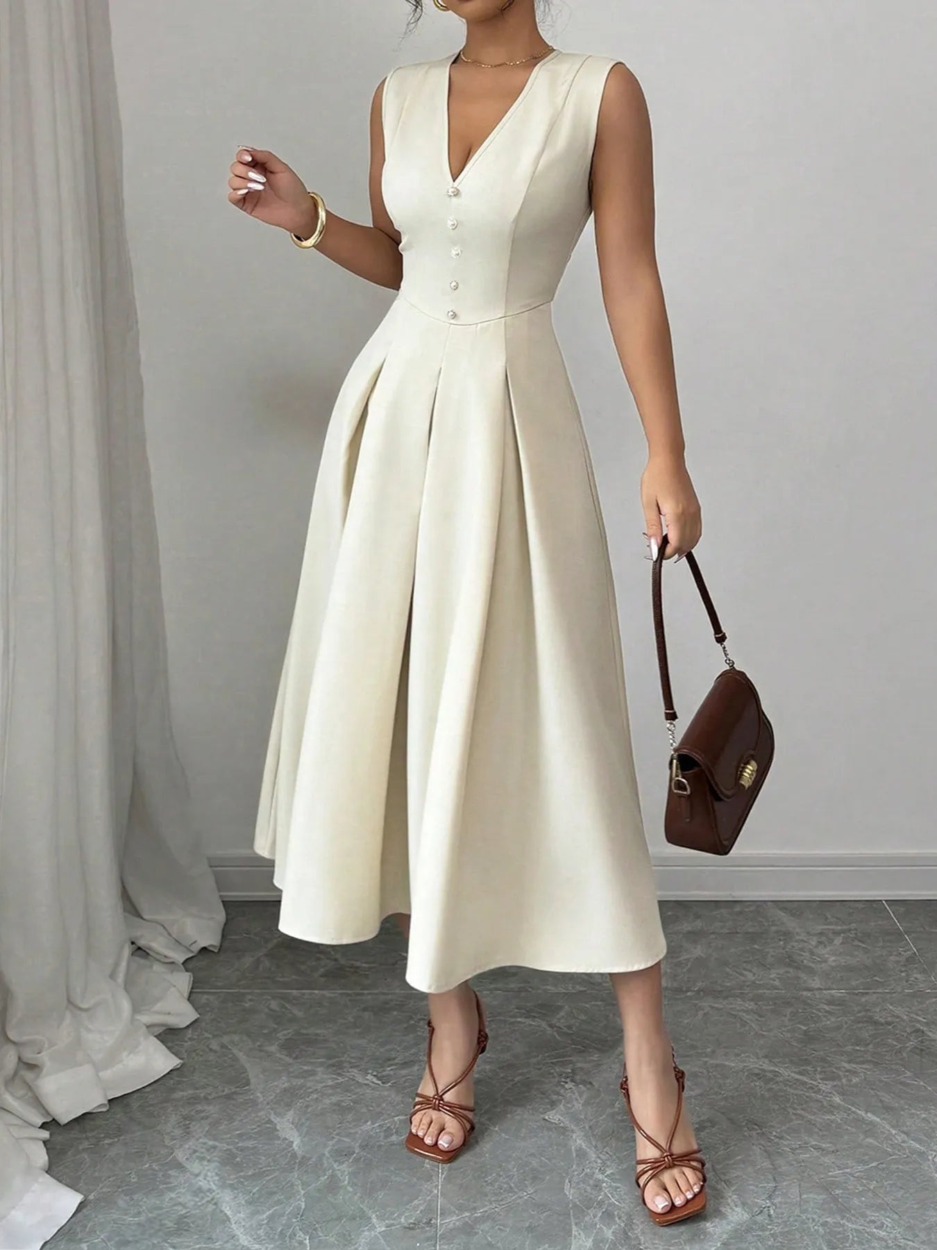 V-Neck Sleeveless Midi Dress