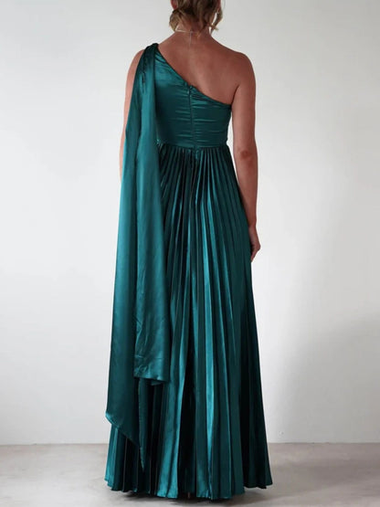 One-Shoulder Pleated Slit Dress