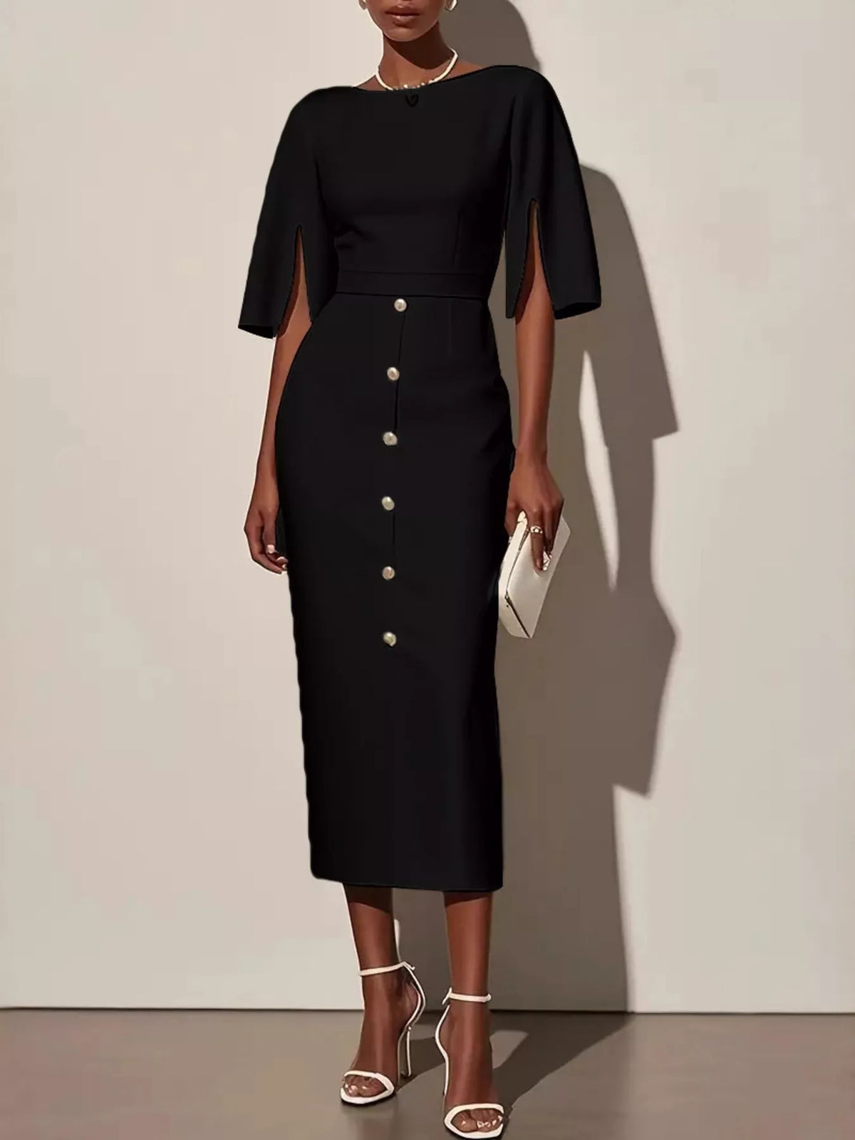 Slit sleeve midi dress in Black