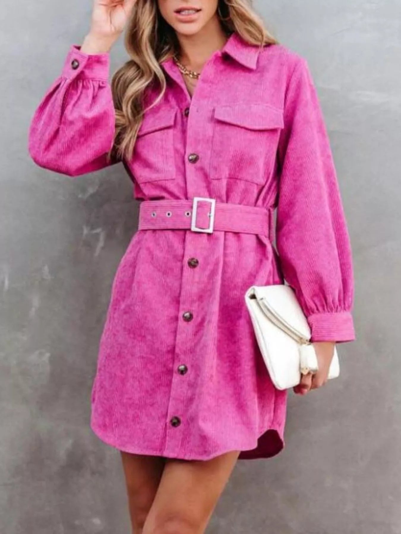 Button Front Belted Corduroy Dress
