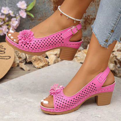 Floral Accent Block Heel Sandals