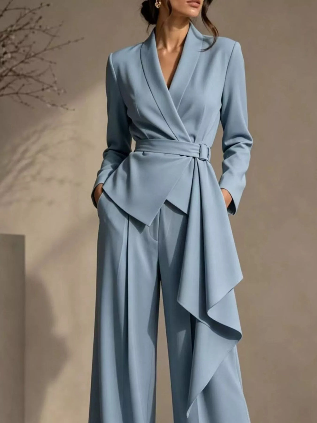 Plus Size Belted Blazer & Wide-Leg Pants Set