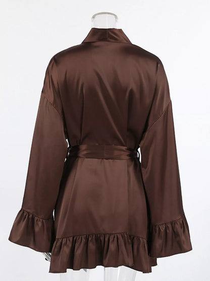 Satin Ruffle-Trim Lounge Nightgown Robe