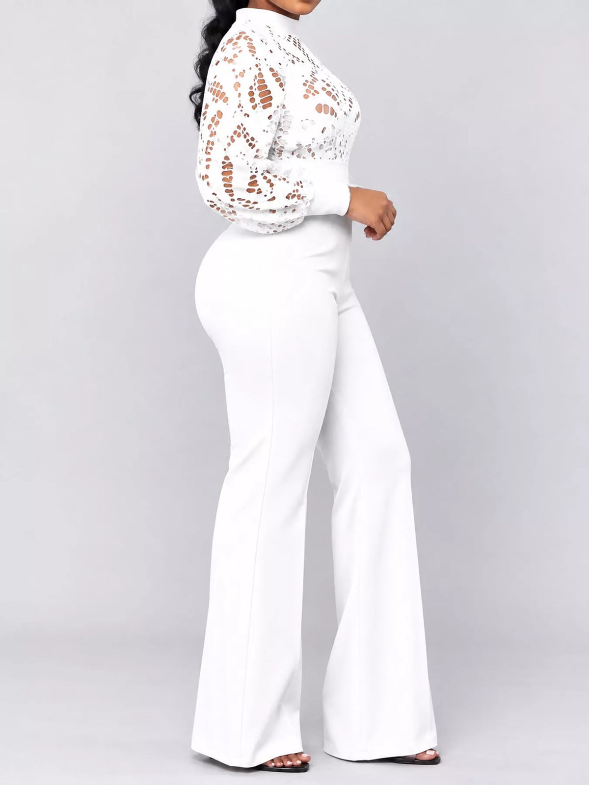 Plus Size Lace Lantern Sleeve Flare Jumpsuit
