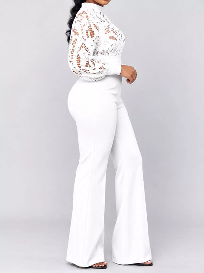 Plus Size Lace Lantern Sleeve Flare Jumpsuit