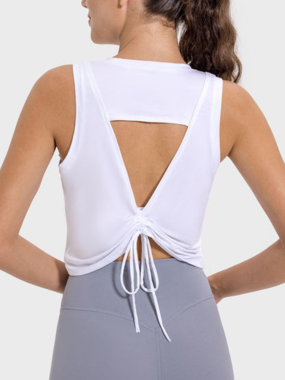 Drawstring Cutout Round Neck Active Tank - MONLANE