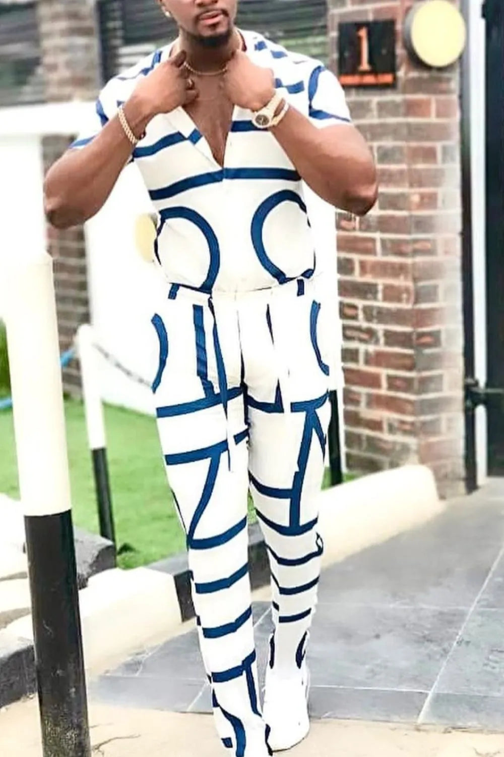 Men's Geo Print Short Sleeve Top and Pants Set