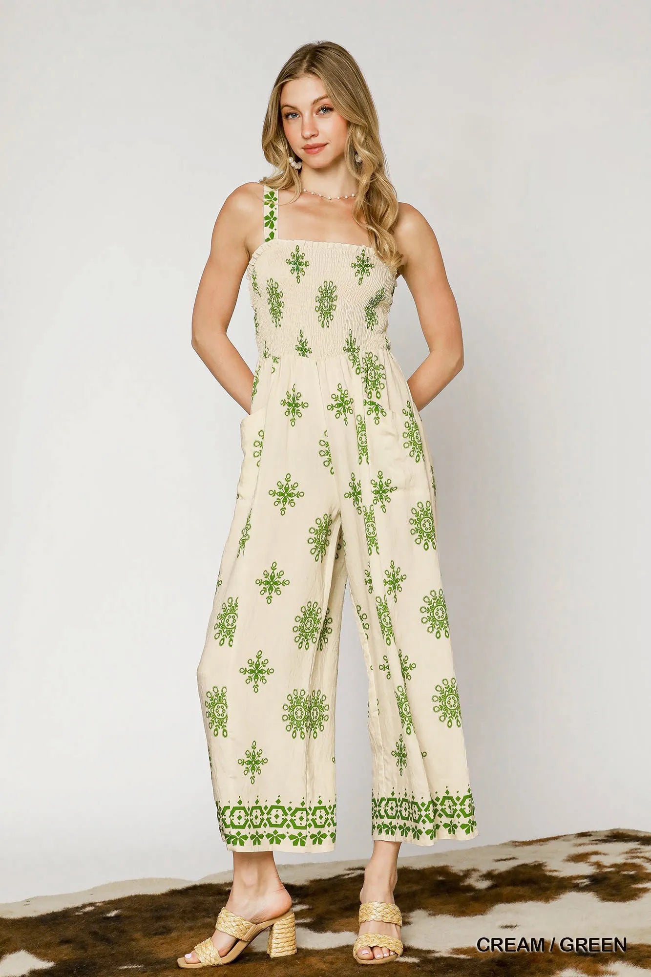 Smocked Printed Wide Leg Jumpsuit