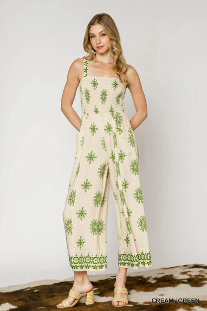 Smocked Printed Wide Leg Jumpsuit