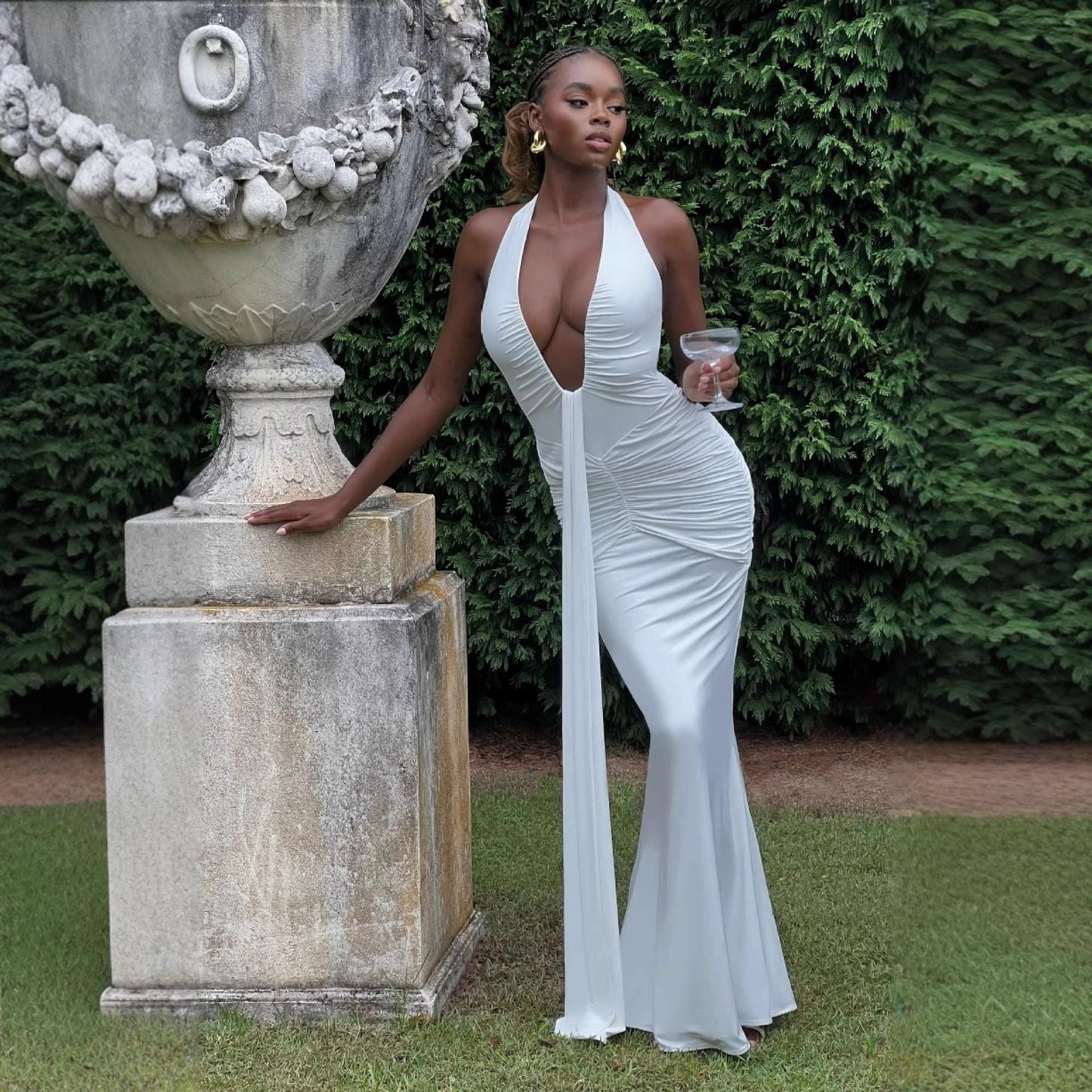 Deep V-neck off-shoulder ruffled dress