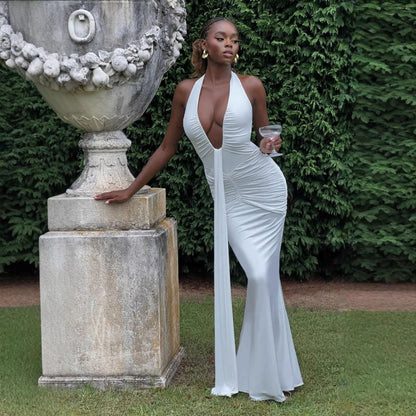 Deep V-neck off-shoulder ruffled dress