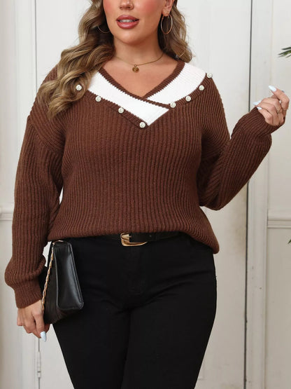 Plus Size Contrast Trim Button-Decorated Sweater