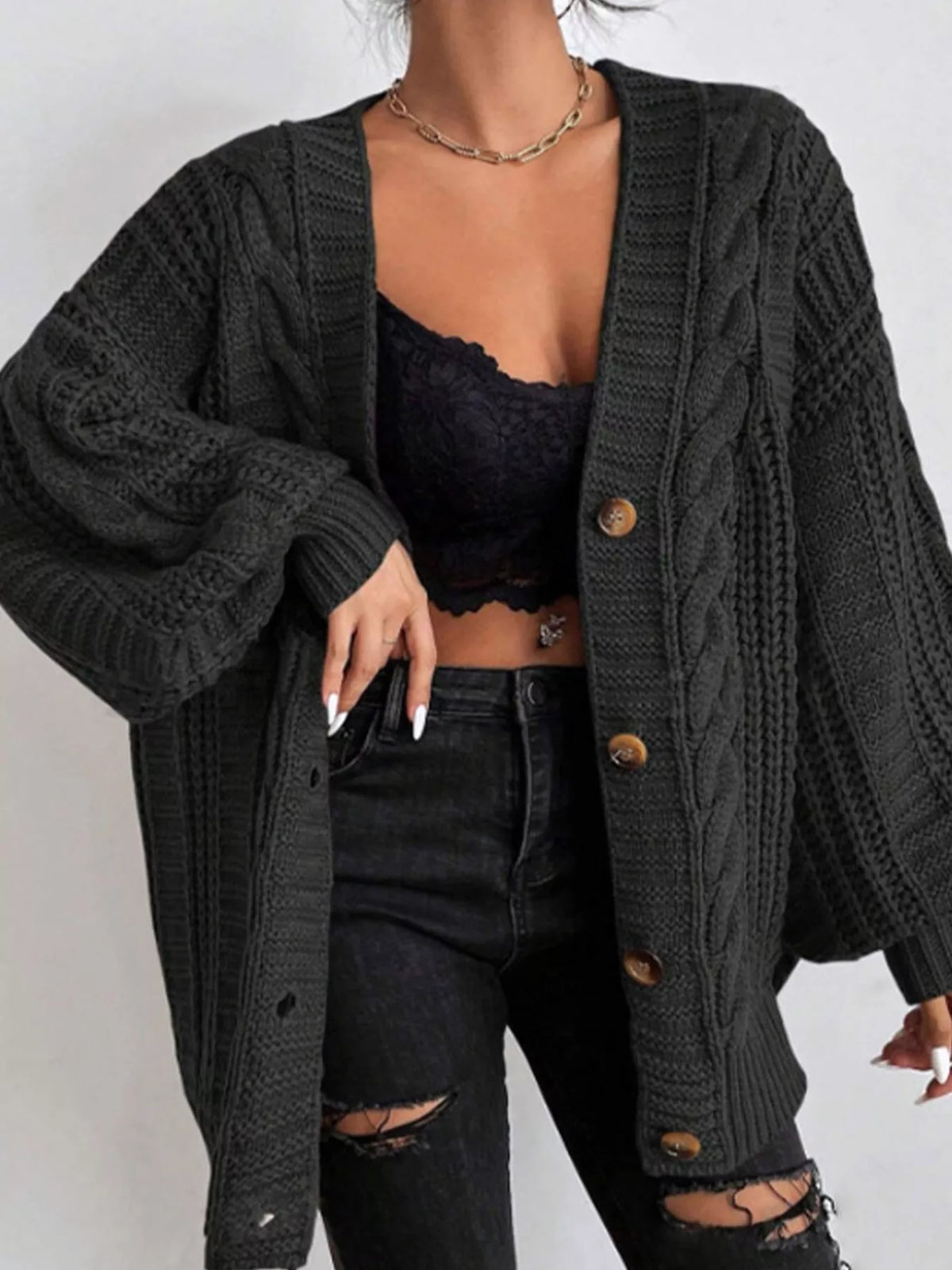 Cable Knit V-Neck Button-Down Cardigan