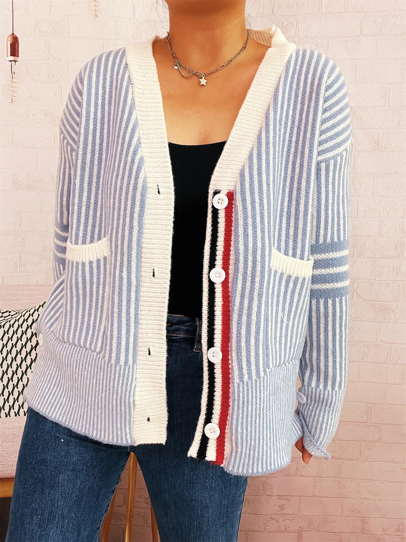 Striped Cardigan with Contrast Trim