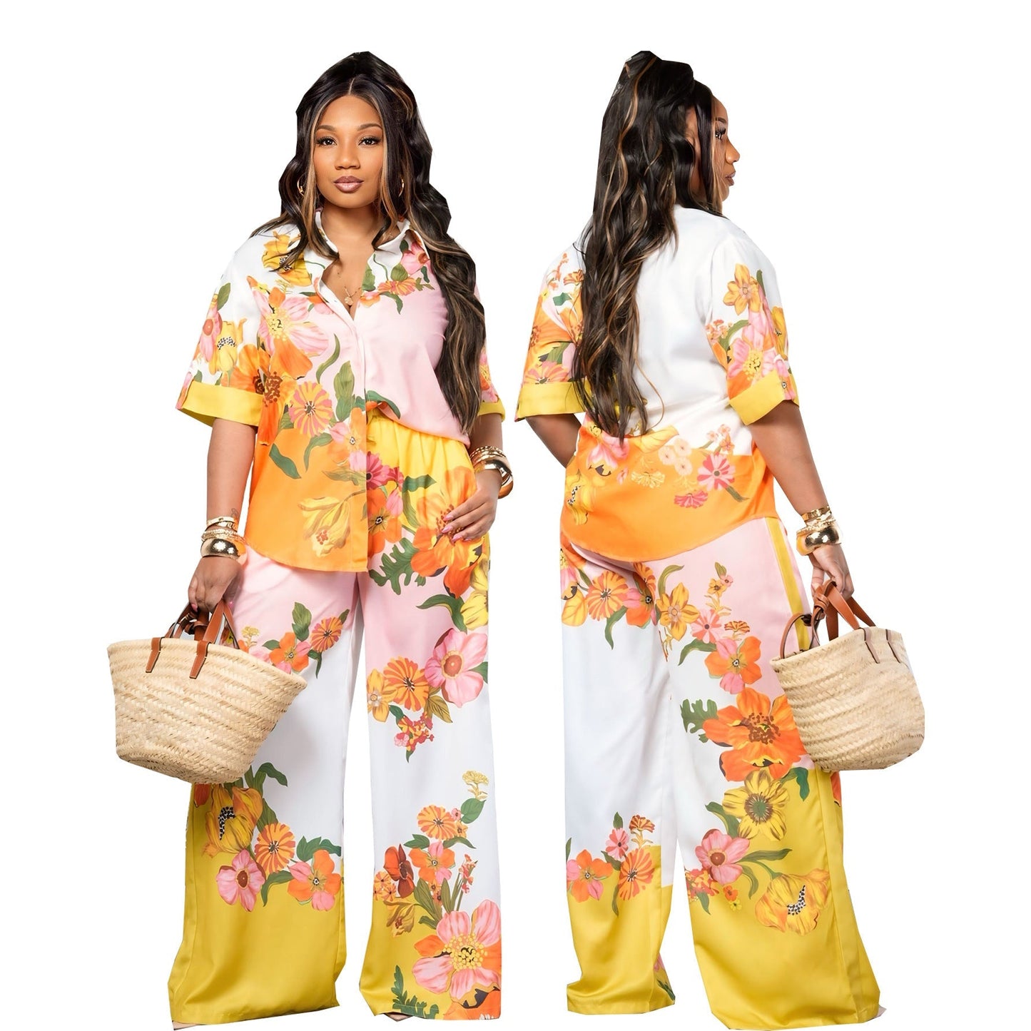 Printed Waist Cinching Wide Leg Pants Set
