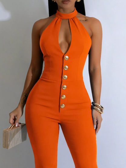 Halter Neck Cut-Out Flare Jumpsuit with Button Detail