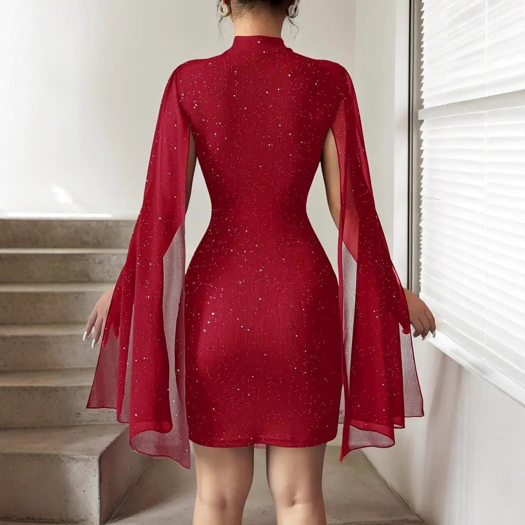 Chiffon cape lantern sleeve hip hugging dress