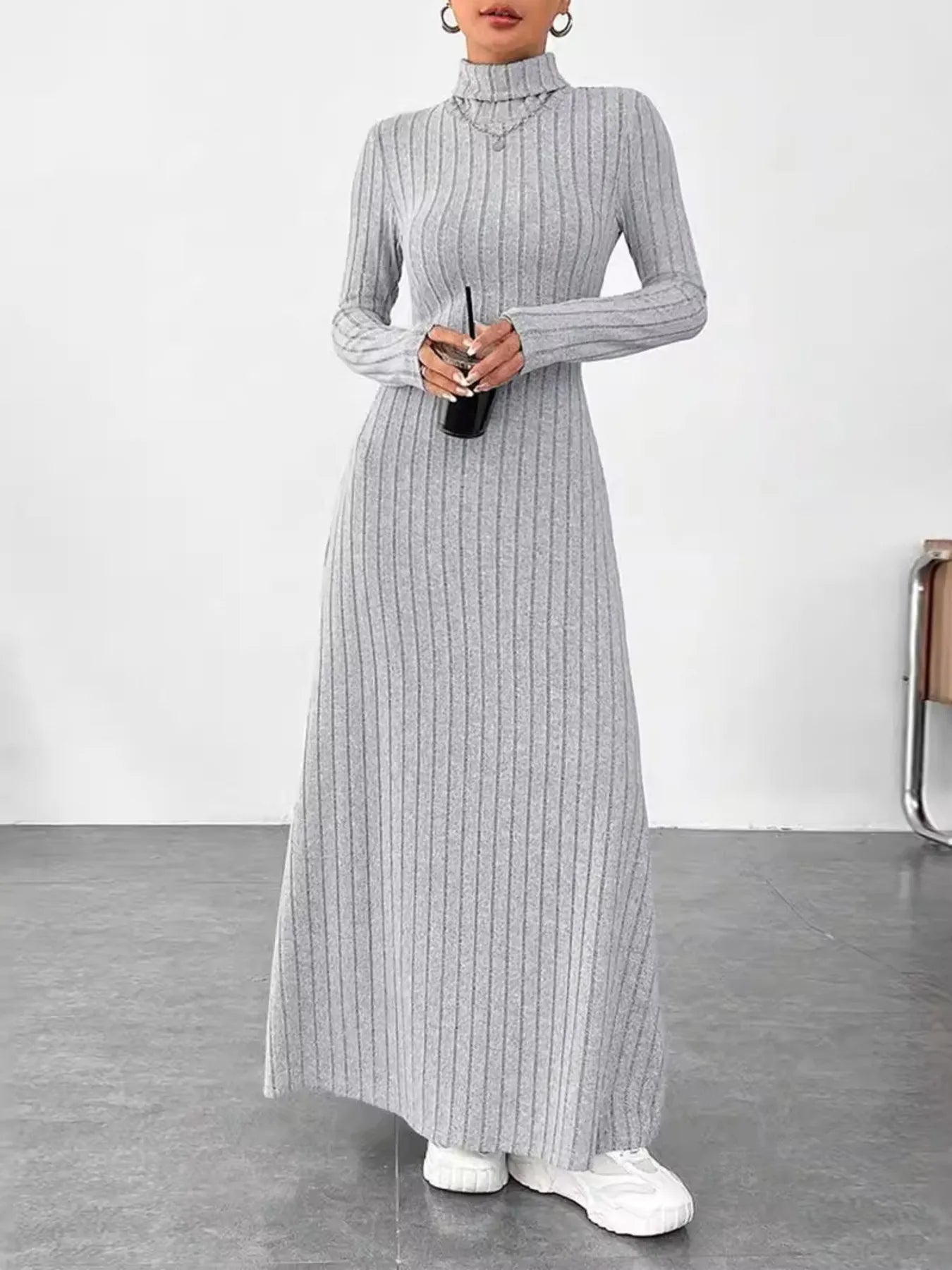 Turtleneck Ribbed Maxi Knit Dress