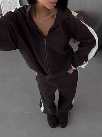 Contrast Side Stripe Zip Up Top and Pants Set
