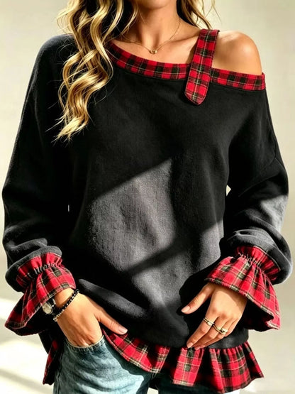 Plaid ruffled hem sweatshirt, view 9
