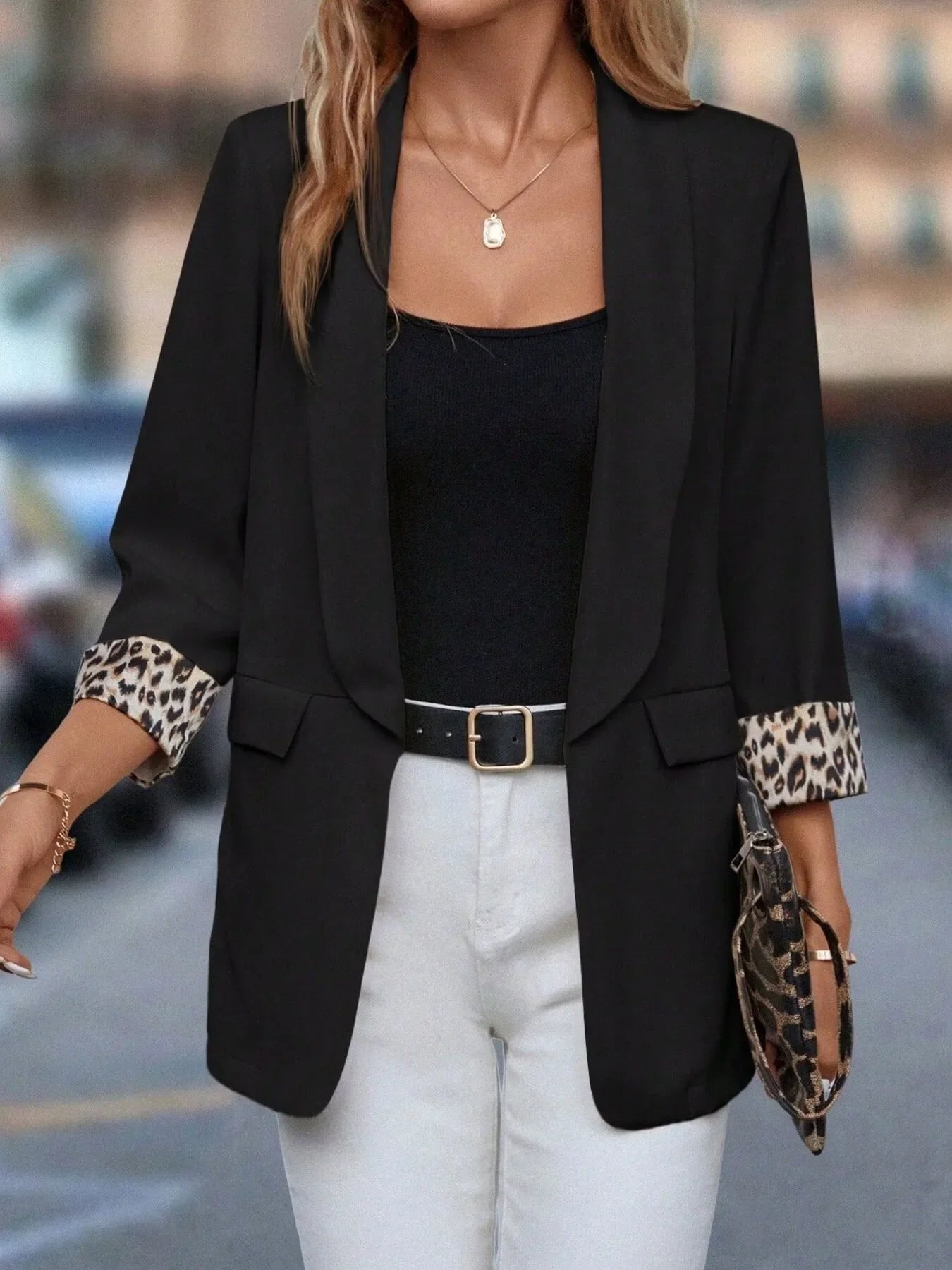 Leopard Lapel Collar Open Front Blazer