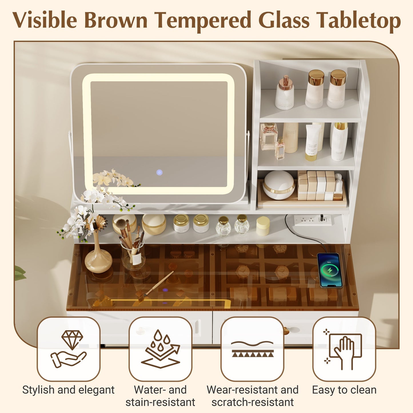Makeup Vanity with LED Lighted Mirror