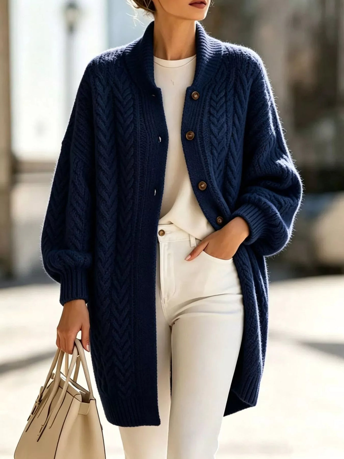 Cable knit button cardigan, view 11