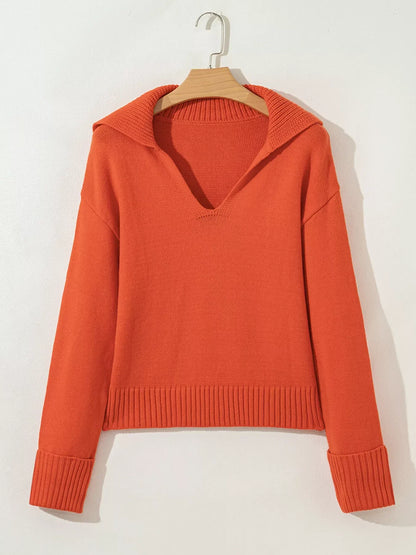 Collared V Neck Ribbed Edge Sweater