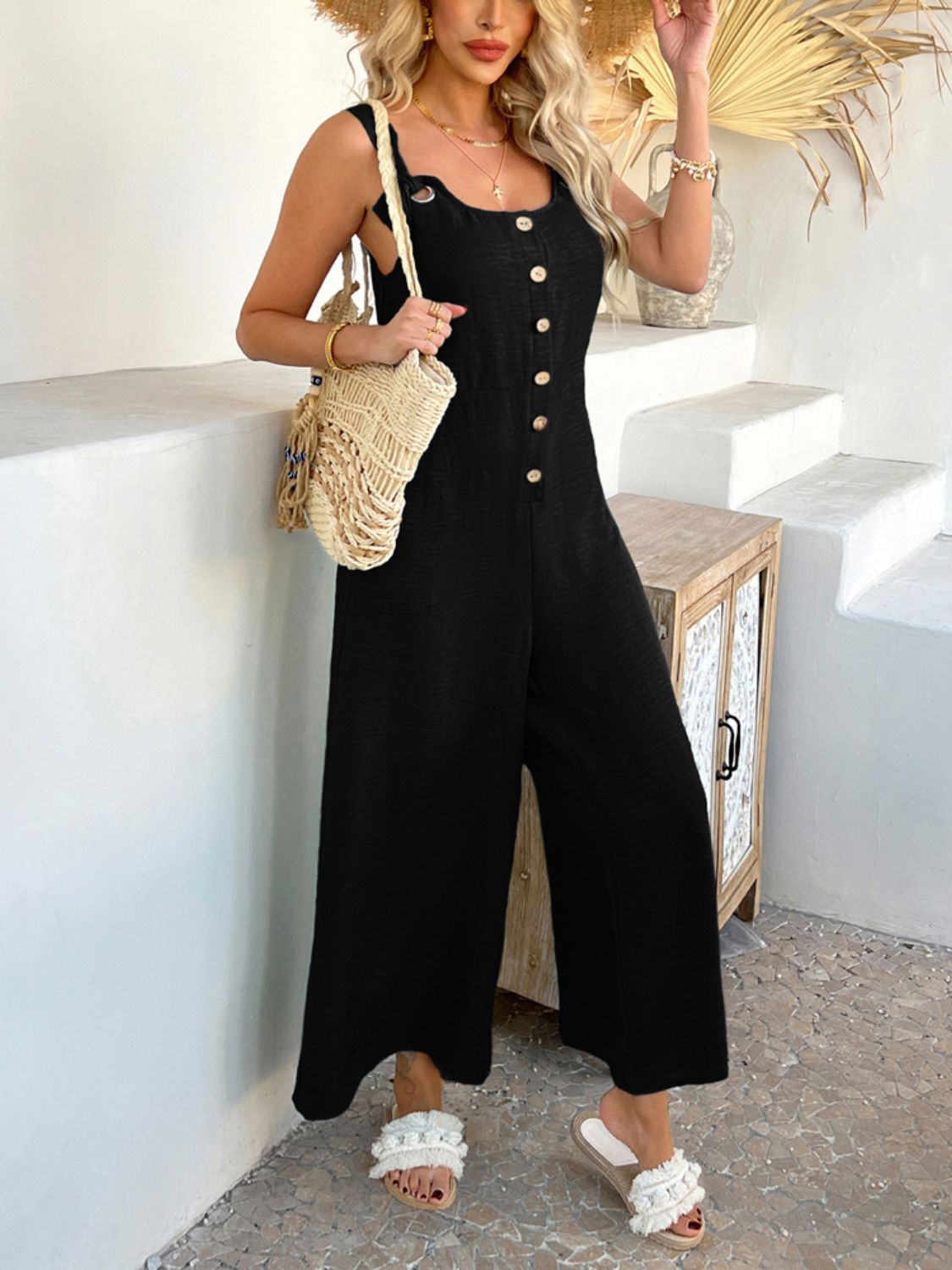 Button Front Wide Leg Jumpsuit