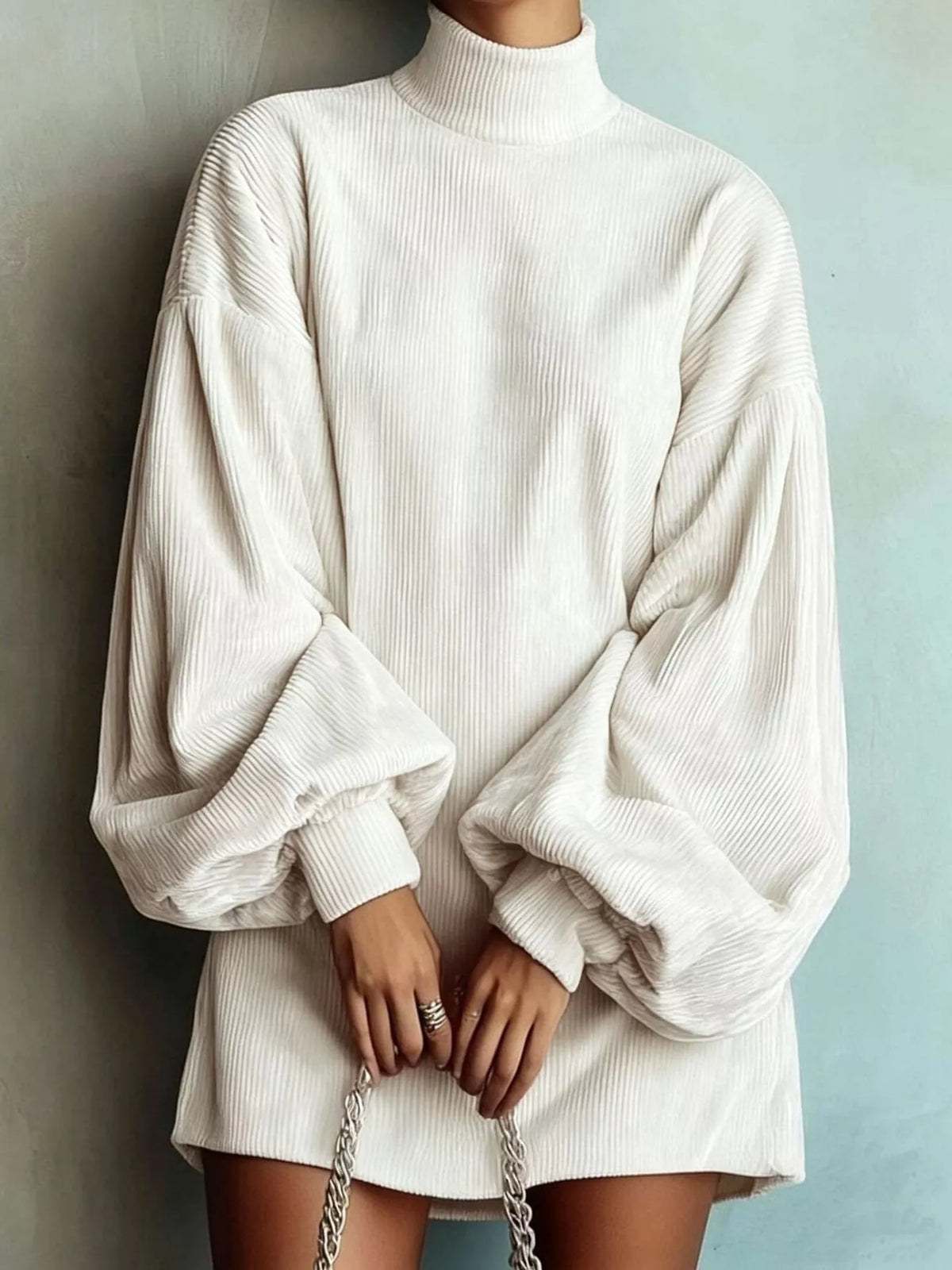 Corduroy mock neck lantern sleeve dress, view 3