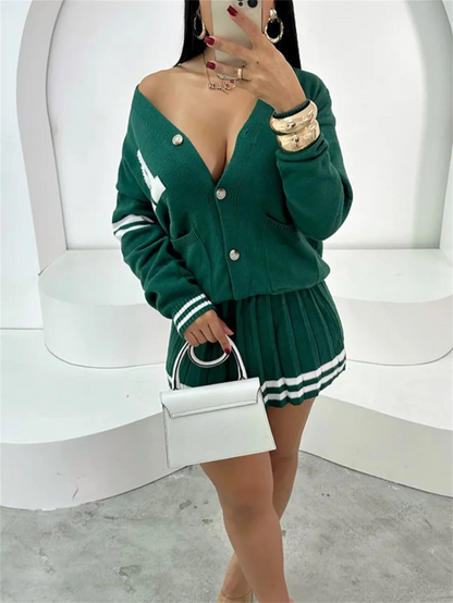 knitted long sleeved cardigan skirt set