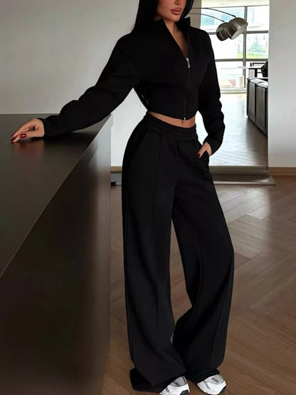 Zip-Up Crop Jacket and Wide-Leg Pants Set