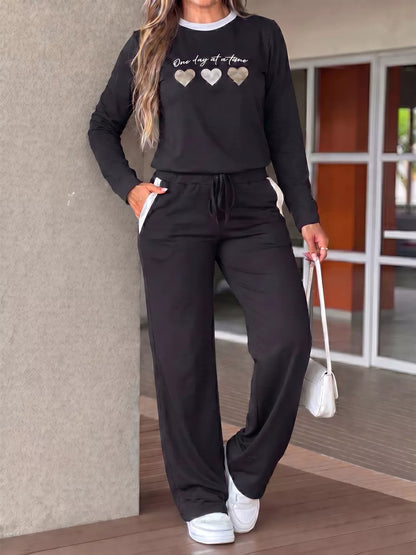 Heart Graphic Contrast Trim Top & Pants Set